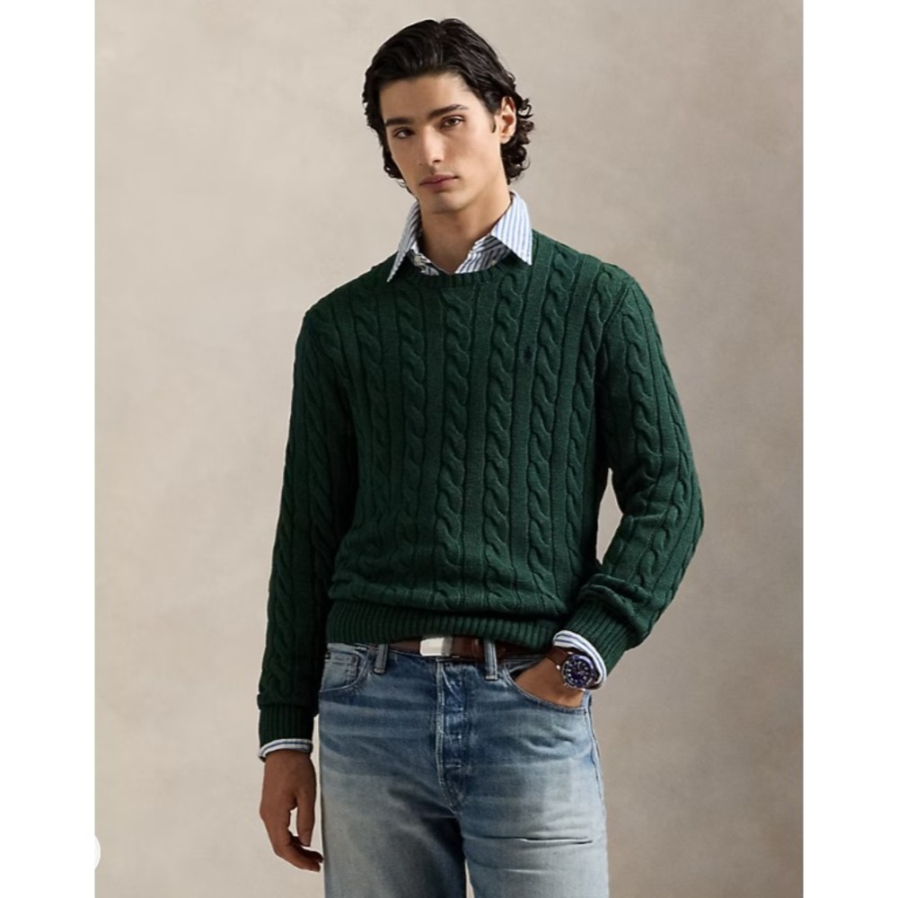 Polo Ralph Lauren Mens Cable Knit Cotton Sweater Green Purple Pony Large NWT NEW - Picture 2 of 5